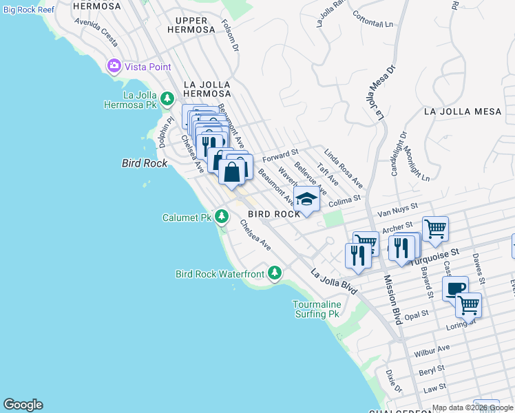 map of restaurants, bars, coffee shops, grocery stores, and more near 5437 La Jolla Boulevard in San Diego