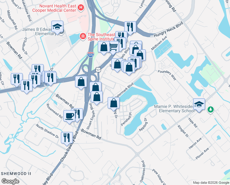 map of restaurants, bars, coffee shops, grocery stores, and more near 1137 Louise Terrace in Mount Pleasant