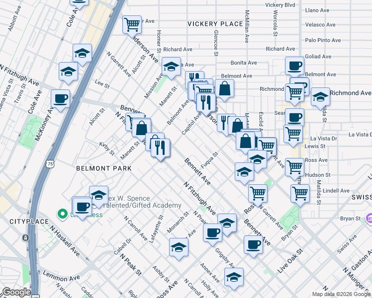 map of restaurants, bars, coffee shops, grocery stores, and more near 5050 Capitol Avenue in Dallas