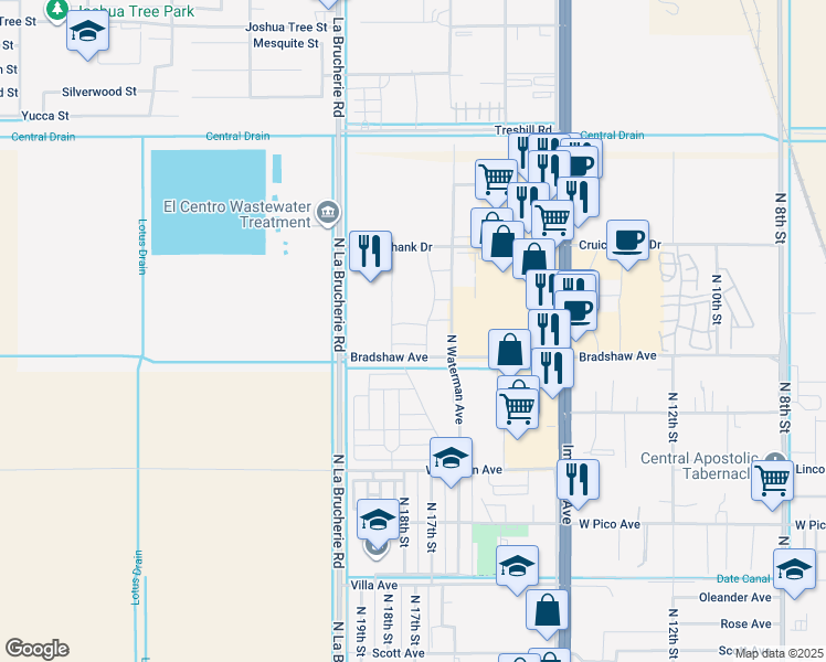 map of restaurants, bars, coffee shops, grocery stores, and more near 1850 Bradshaw Avenue in El Centro