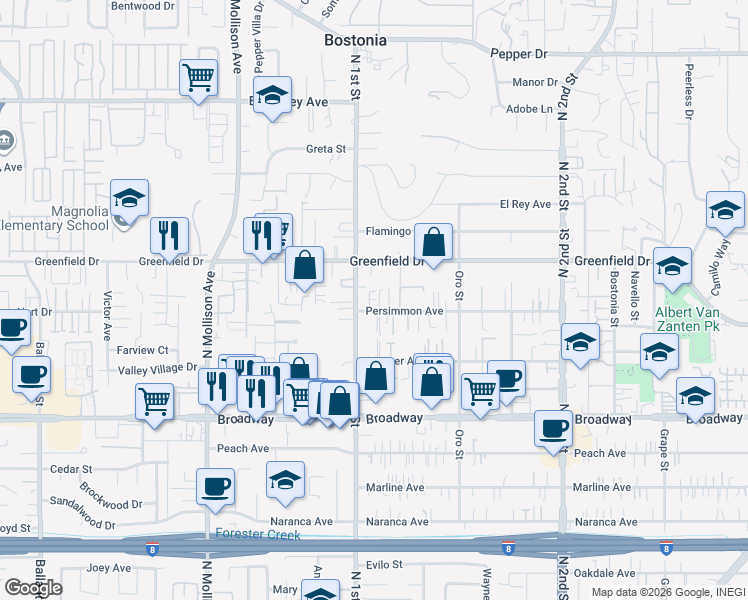 map of restaurants, bars, coffee shops, grocery stores, and more near 1255 Jeannine Lane in El Cajon