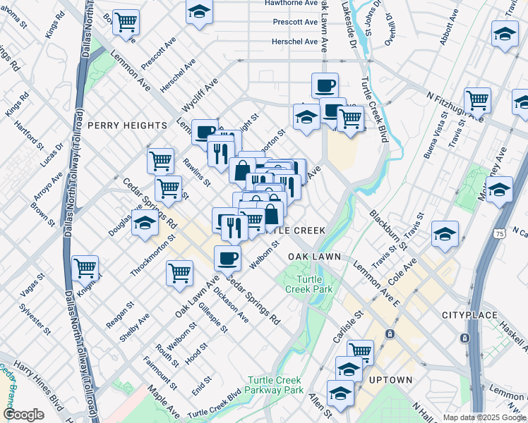 map of restaurants, bars, coffee shops, grocery stores, and more near 3509 Oak Lawn Avenue in Dallas