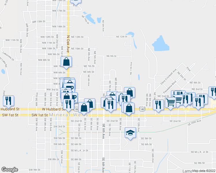 map of restaurants, bars, coffee shops, grocery stores, and more near 415 Northeast 7th Avenue in Mineral Wells