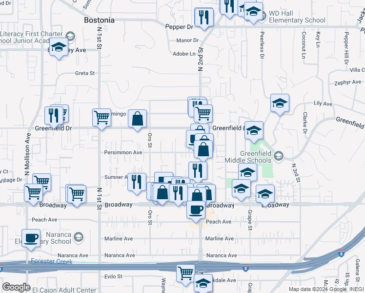 map of restaurants, bars, coffee shops, grocery stores, and more near 4 Crosby Street in El Cajon