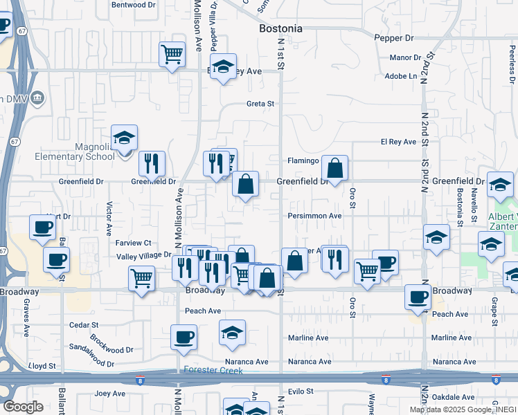 map of restaurants, bars, coffee shops, grocery stores, and more near 1233 Linalda Drive in El Cajon