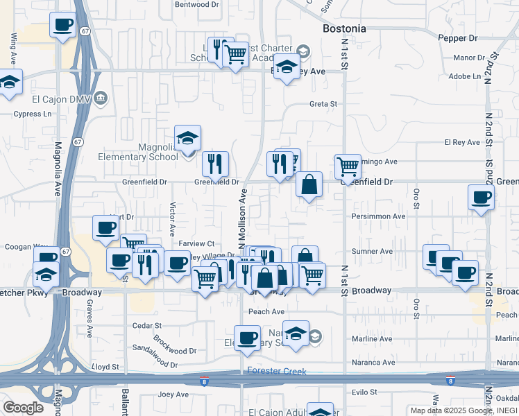 map of restaurants, bars, coffee shops, grocery stores, and more near 1277 North Mollison Avenue in El Cajon