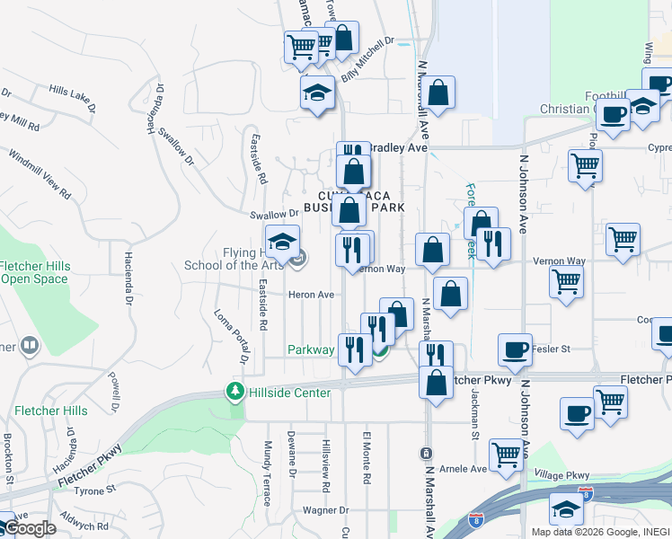 map of restaurants, bars, coffee shops, grocery stores, and more near 1286 Cuyamaca Street in El Cajon