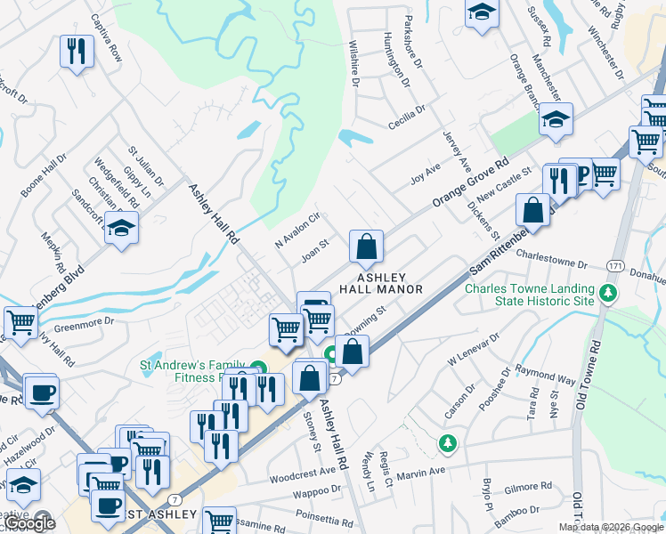 map of restaurants, bars, coffee shops, grocery stores, and more near 1525 Joan Street in Charleston