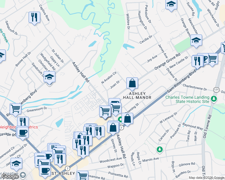 map of restaurants, bars, coffee shops, grocery stores, and more near 1538 Joan Street in Charleston