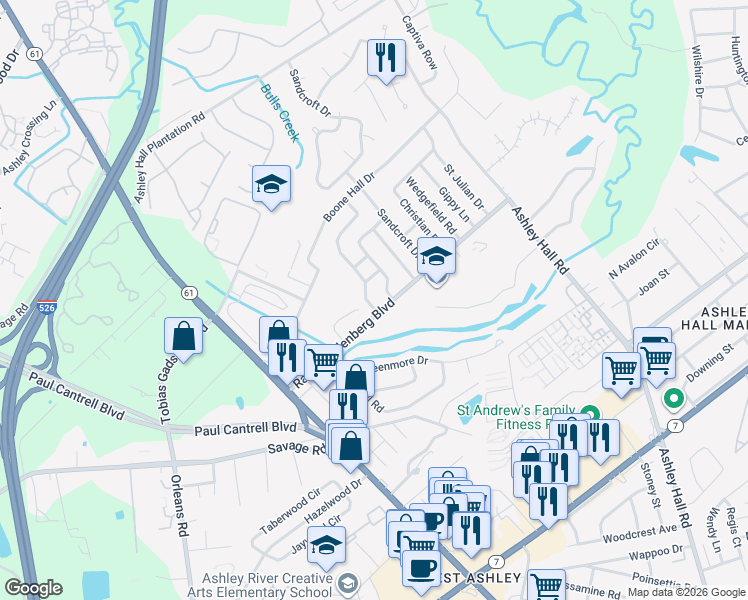 map of restaurants, bars, coffee shops, grocery stores, and more near 1826 Mepkin Road in Charleston