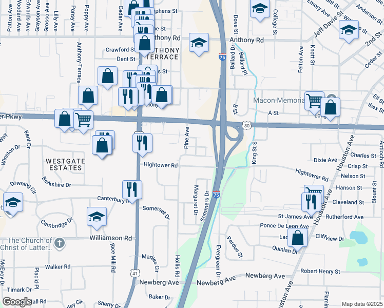map of restaurants, bars, coffee shops, grocery stores, and more near 1063 Violet Street in Macon