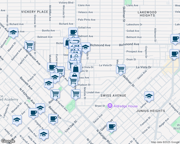 map of restaurants, bars, coffee shops, grocery stores, and more near 5800 La Vista Drive in Dallas