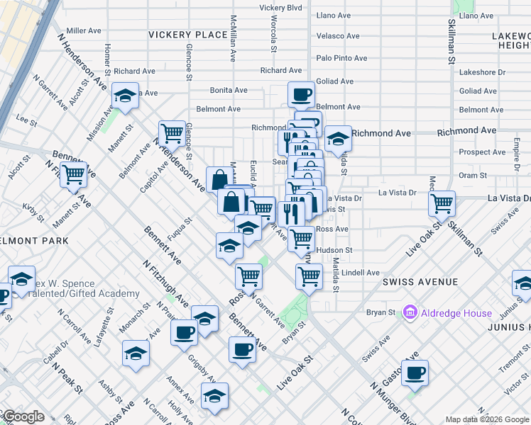 map of restaurants, bars, coffee shops, grocery stores, and more near 1847 Summit Avenue in Dallas