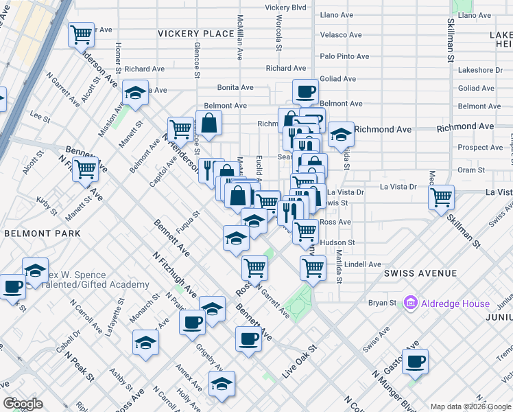 map of restaurants, bars, coffee shops, grocery stores, and more near 1845 Euclid Avenue in Dallas