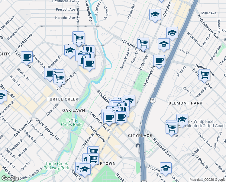 map of restaurants, bars, coffee shops, grocery stores, and more near 3919 Buena Vista Street in Dallas