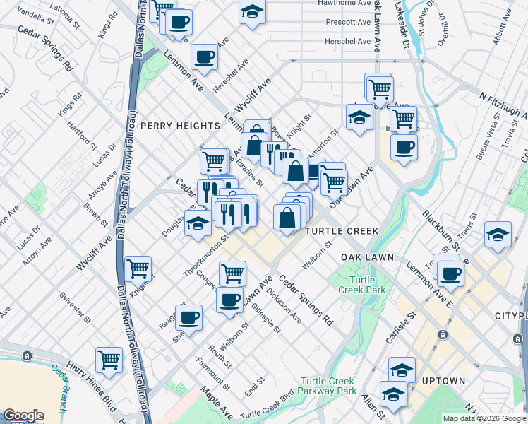map of restaurants, bars, coffee shops, grocery stores, and more near 4010 North Hall Street in Dallas