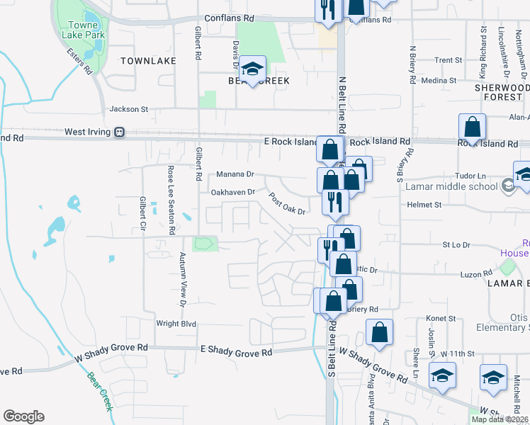 map of restaurants, bars, coffee shops, grocery stores, and more near 300 Timberline Drive in Irving
