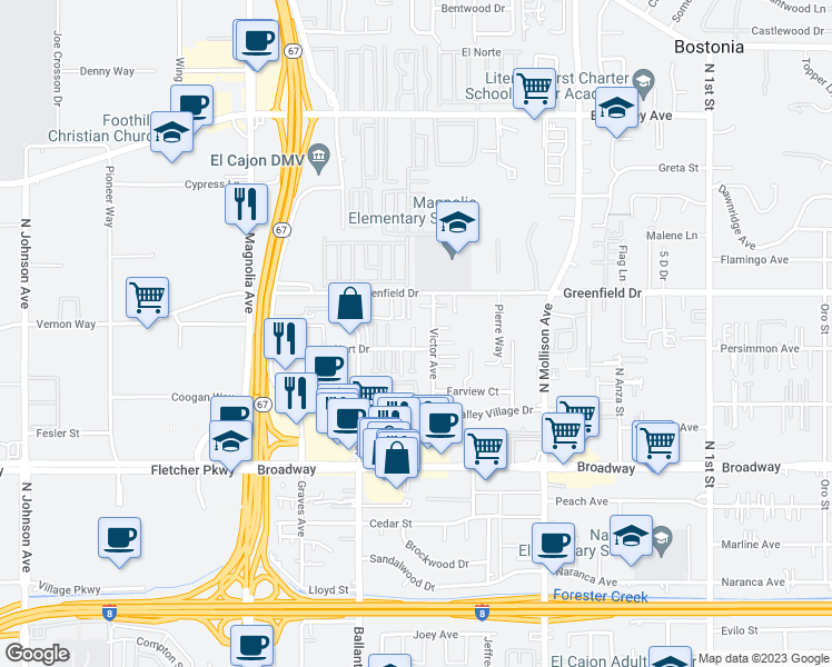 map of restaurants, bars, coffee shops, grocery stores, and more near 572 Hart Drive in El Cajon