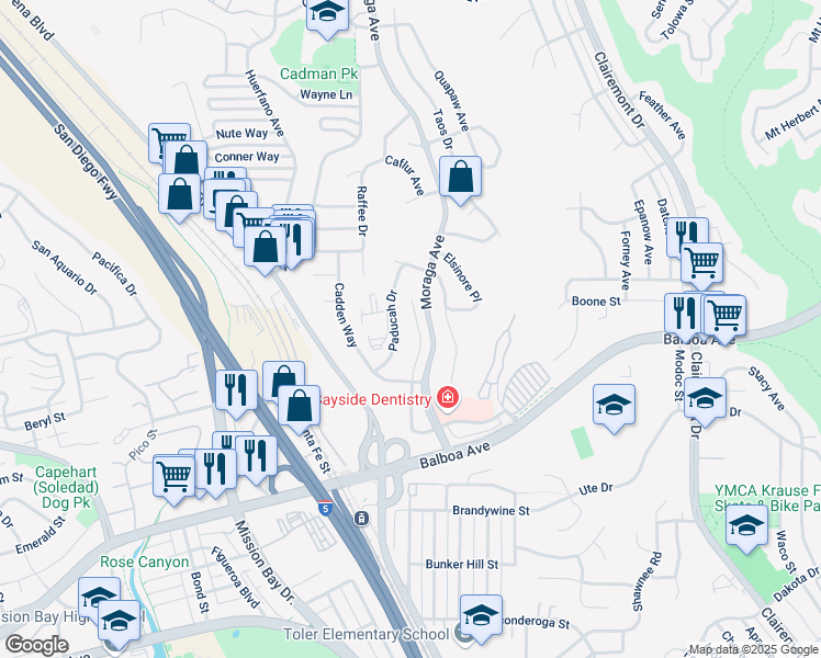 map of restaurants, bars, coffee shops, grocery stores, and more near in San Diego