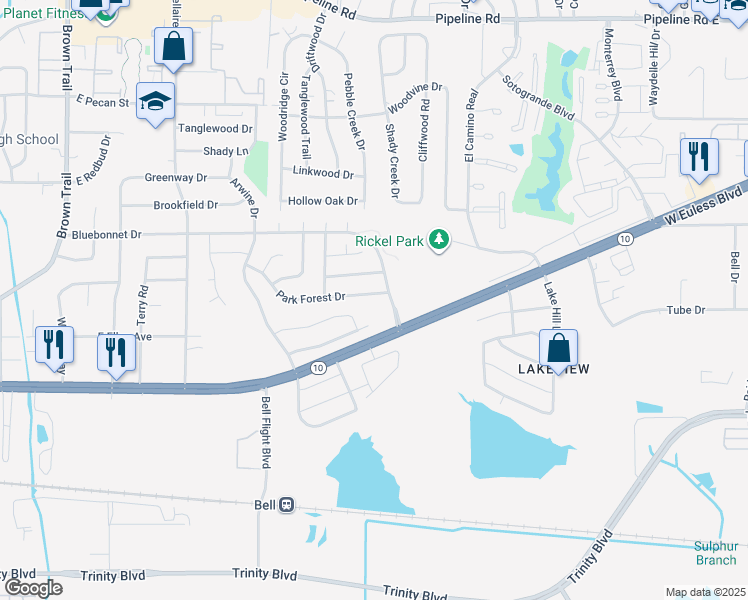 map of restaurants, bars, coffee shops, grocery stores, and more near 939 Park Forest Drive in Hurst