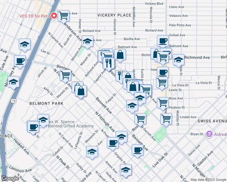 map of restaurants, bars, coffee shops, grocery stores, and more near 2103 Moser Avenue in Dallas