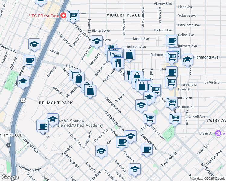 map of restaurants, bars, coffee shops, grocery stores, and more near 2235 North Garrett Avenue in Dallas