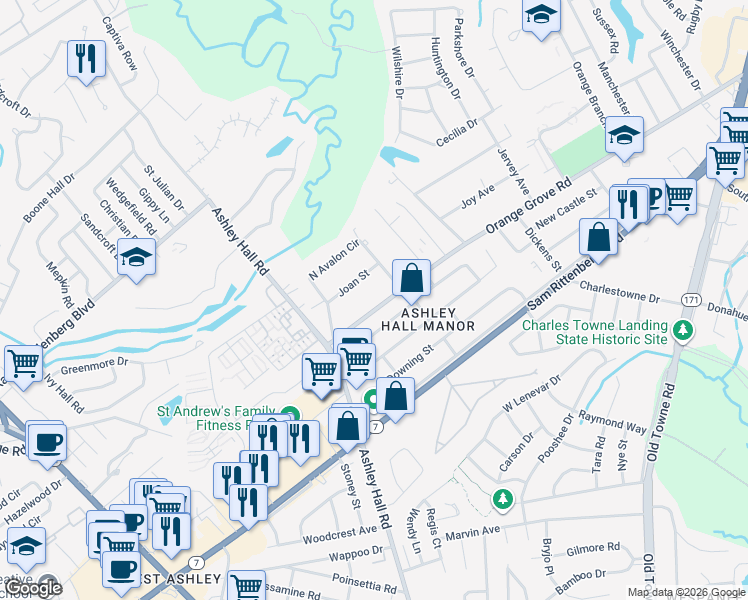 map of restaurants, bars, coffee shops, grocery stores, and more near 1525 Joan Street in Charleston