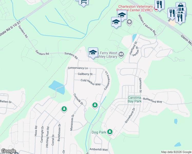 map of restaurants, bars, coffee shops, grocery stores, and more near Chickasaw Drive in Charleston