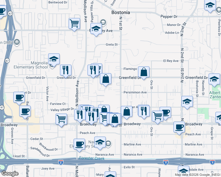 map of restaurants, bars, coffee shops, grocery stores, and more near 1219 Linalda Drive in El Cajon