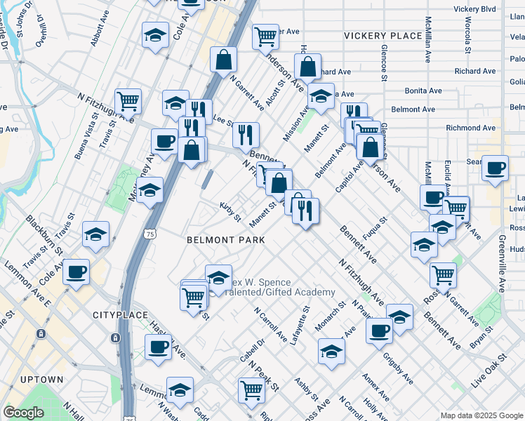 map of restaurants, bars, coffee shops, grocery stores, and more near 4803 Manett Street in Dallas