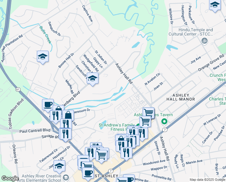 map of restaurants, bars, coffee shops, grocery stores, and more near 1533 Montclair Street in Charleston