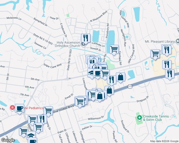 map of restaurants, bars, coffee shops, grocery stores, and more near in Mount Pleasant
