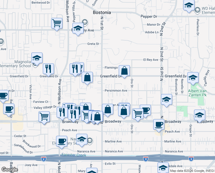 map of restaurants, bars, coffee shops, grocery stores, and more near 1265 Jeannine Lane in El Cajon
