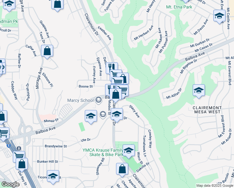 map of restaurants, bars, coffee shops, grocery stores, and more near 3901 Clairemont Drive in San Diego