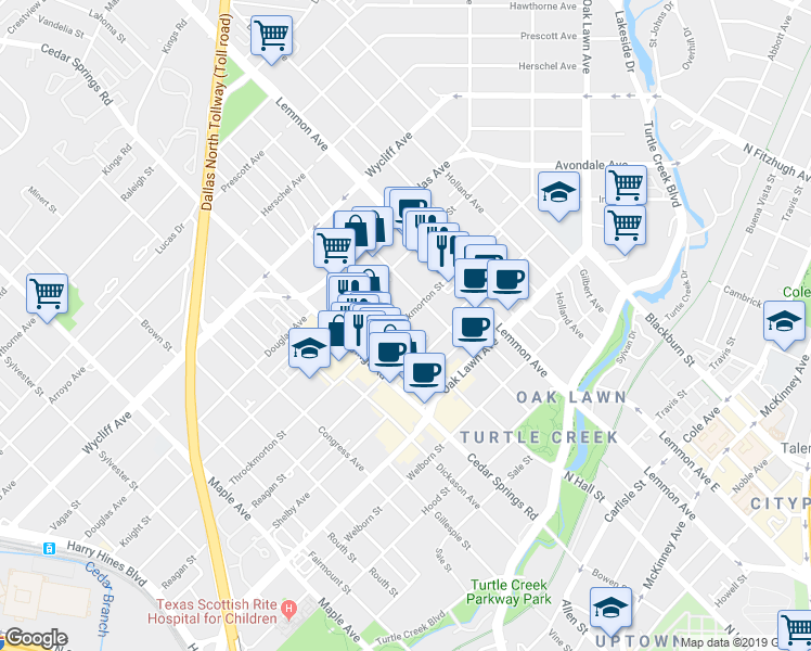 map of restaurants, bars, coffee shops, grocery stores, and more near 3308 Throckmorton Street in Dallas