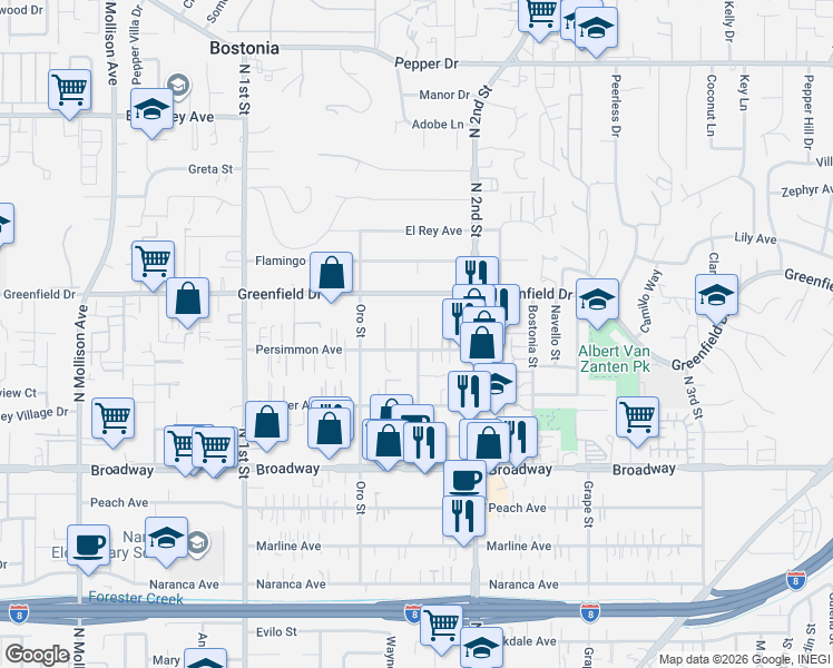 map of restaurants, bars, coffee shops, grocery stores, and more near 1235 Greenfield Drive in El Cajon
