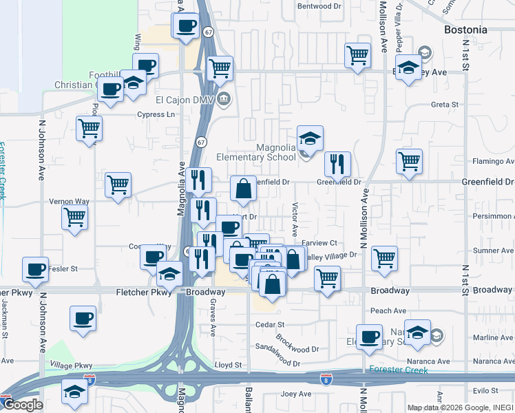 map of restaurants, bars, coffee shops, grocery stores, and more near 1237 Ballantyne Street in El Cajon