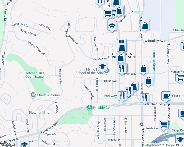 map of restaurants, bars, coffee shops, grocery stores, and more near 1254 Pfeifer Lane in El Cajon