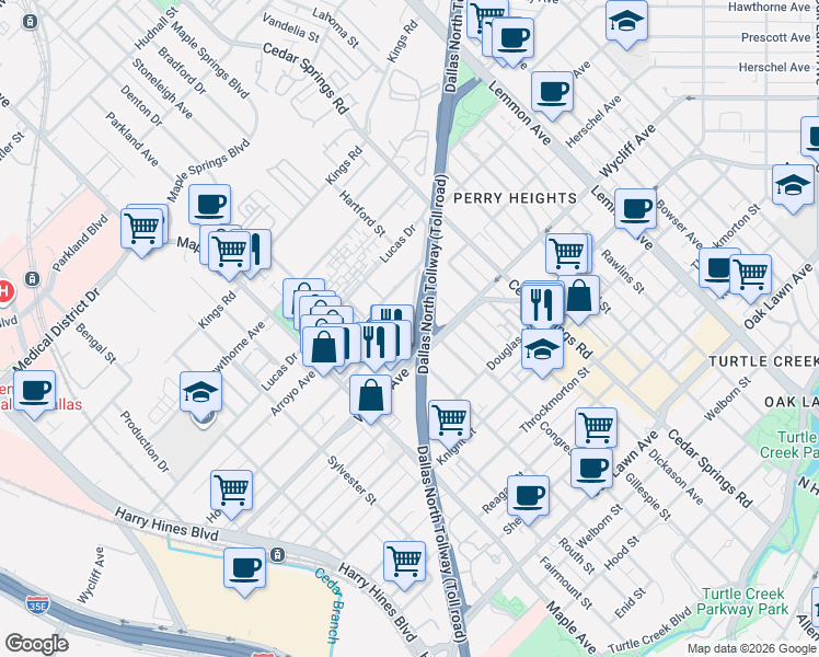 map of restaurants, bars, coffee shops, grocery stores, and more near 2723 Hondo Avenue in Dallas