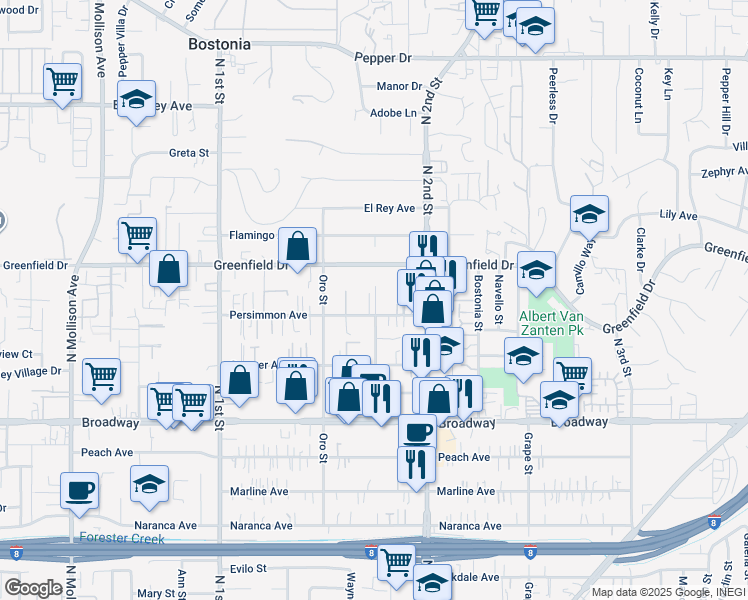 map of restaurants, bars, coffee shops, grocery stores, and more near 1235 Greenfield Drive in El Cajon