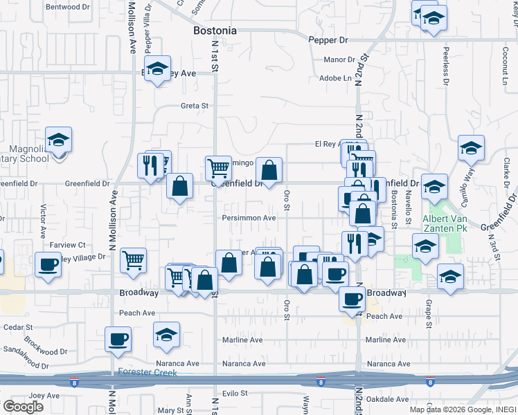 map of restaurants, bars, coffee shops, grocery stores, and more near 1151 Greenfield Drive in El Cajon