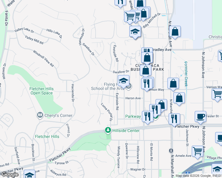 map of restaurants, bars, coffee shops, grocery stores, and more near 1254 Pfeifer Lane in El Cajon
