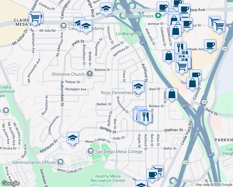 map of restaurants, bars, coffee shops, grocery stores, and more near 3795 Armstrong Street in San Diego