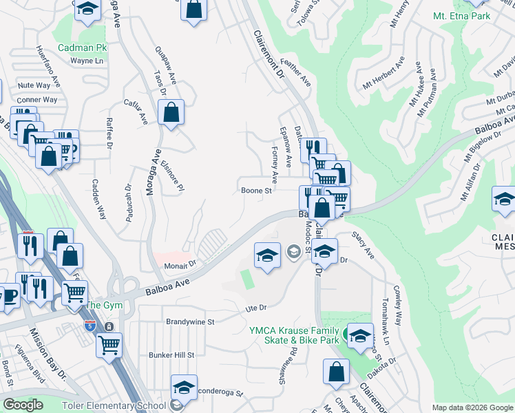 map of restaurants, bars, coffee shops, grocery stores, and more near 3959 Carson Street in San Diego