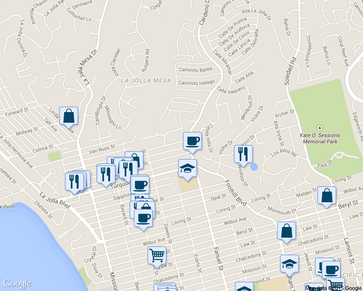 map of restaurants, bars, coffee shops, grocery stores, and more near 1273 Archer Street in San Diego