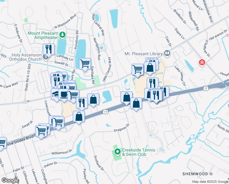 map of restaurants, bars, coffee shops, grocery stores, and more near 436 Carriage Lane in Mount Pleasant