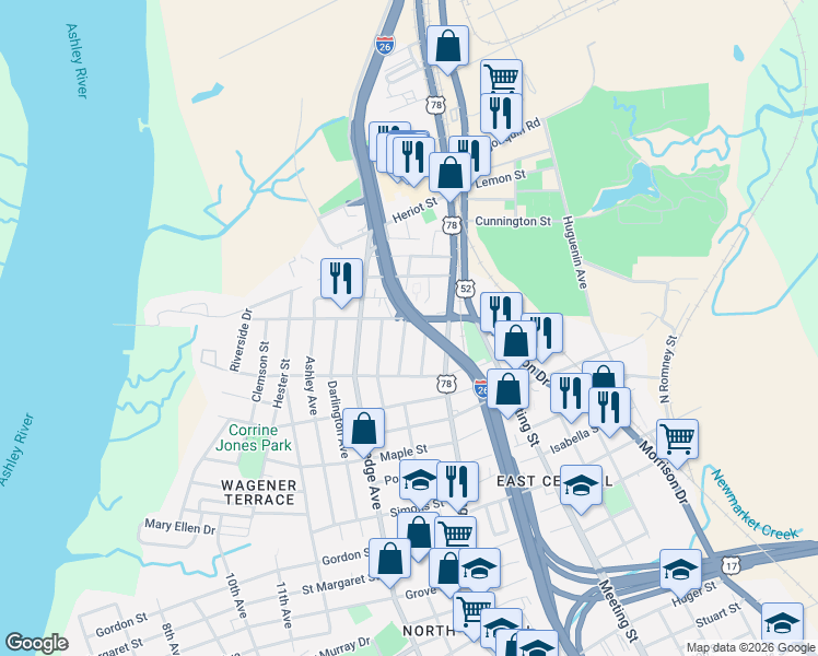 map of restaurants, bars, coffee shops, grocery stores, and more near 43 North Enston Avenue in Charleston