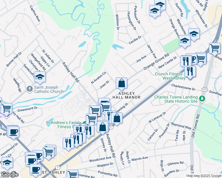 map of restaurants, bars, coffee shops, grocery stores, and more near 1525 Joan Street in Charleston