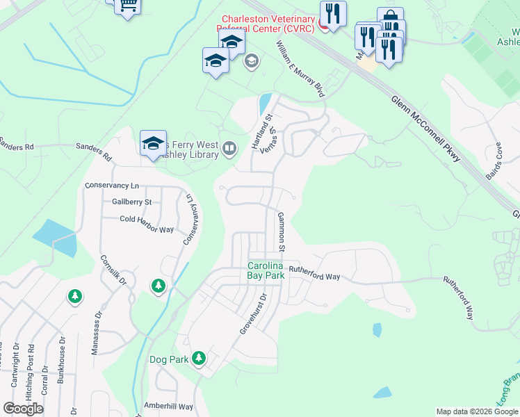 map of restaurants, bars, coffee shops, grocery stores, and more near 4245 William E Murray Boulevard in Charleston