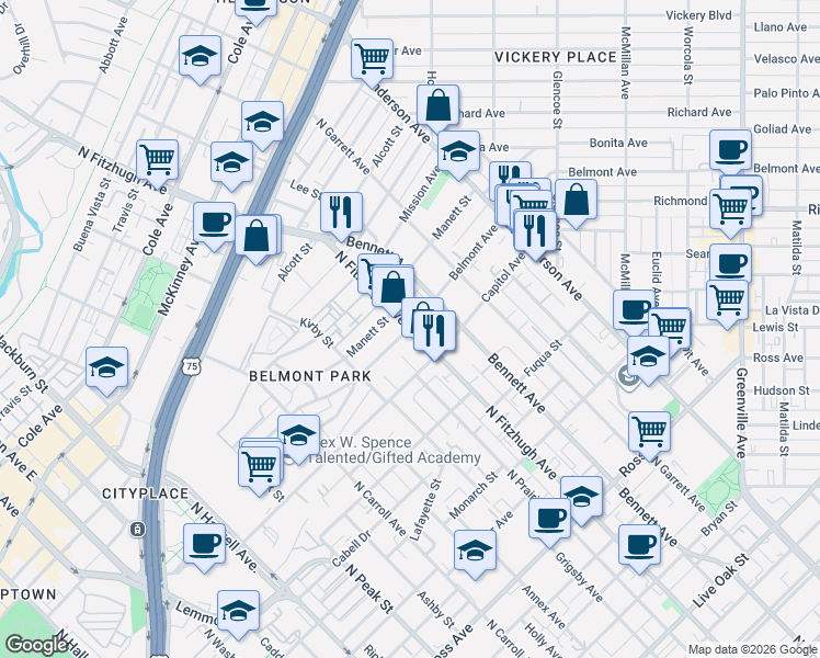 map of restaurants, bars, coffee shops, grocery stores, and more near 2500 North Fitzhugh Avenue in Dallas